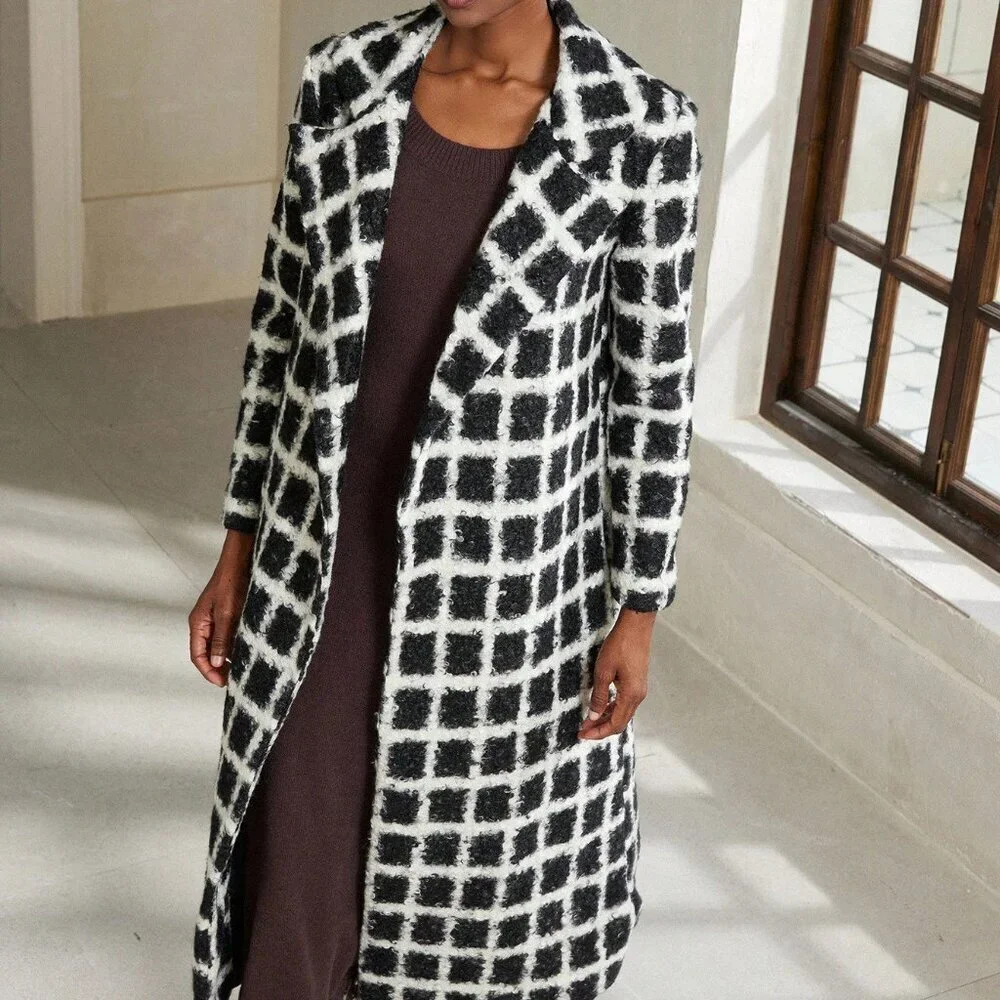 Black And White Casual Women's Loose Plaid Coat